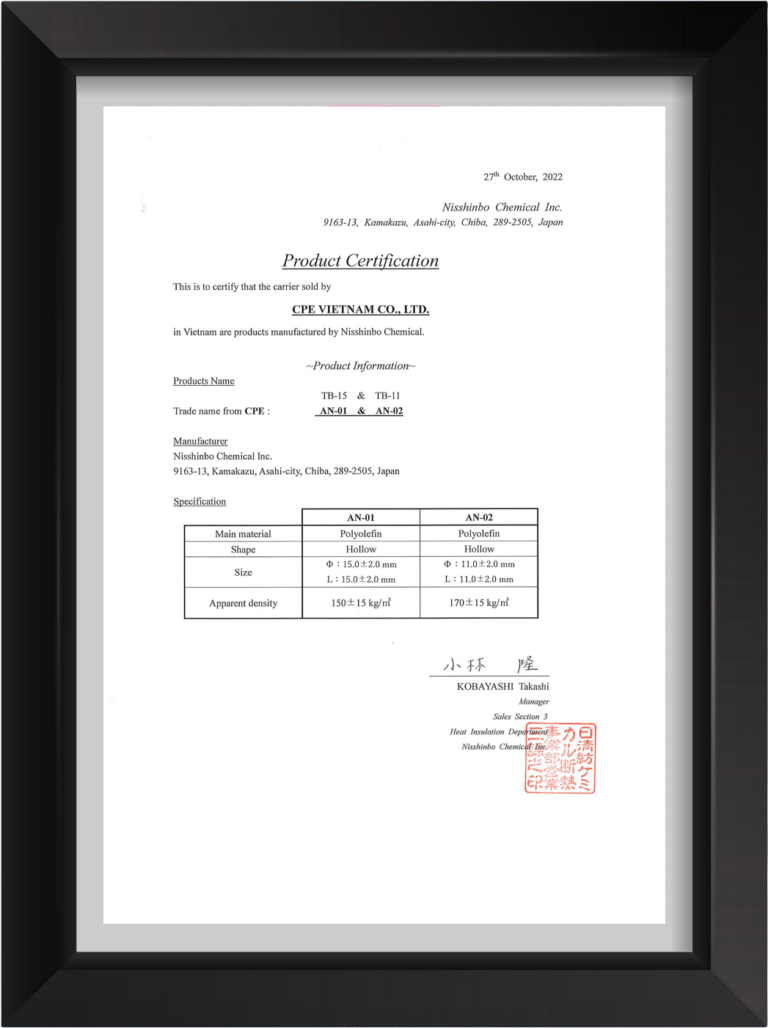 Chứng nhận đại diện ủy quyền của Nisshinbo Chemical